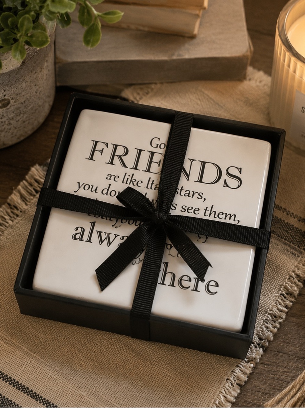 Set of 4 Friendship White Ceramic Friends Coasters with Black Script - Picture 4 of 4